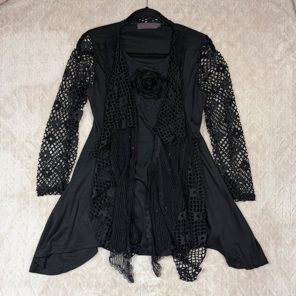 Pretty Angel Black Silk Blend Lace Tunic Top 3D Rose Sequin Sharkbite Sz Small
